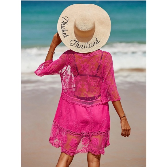 Hot Pink Lace Coverup Dress Tunic Bohemian Short - Picture 3 of 11